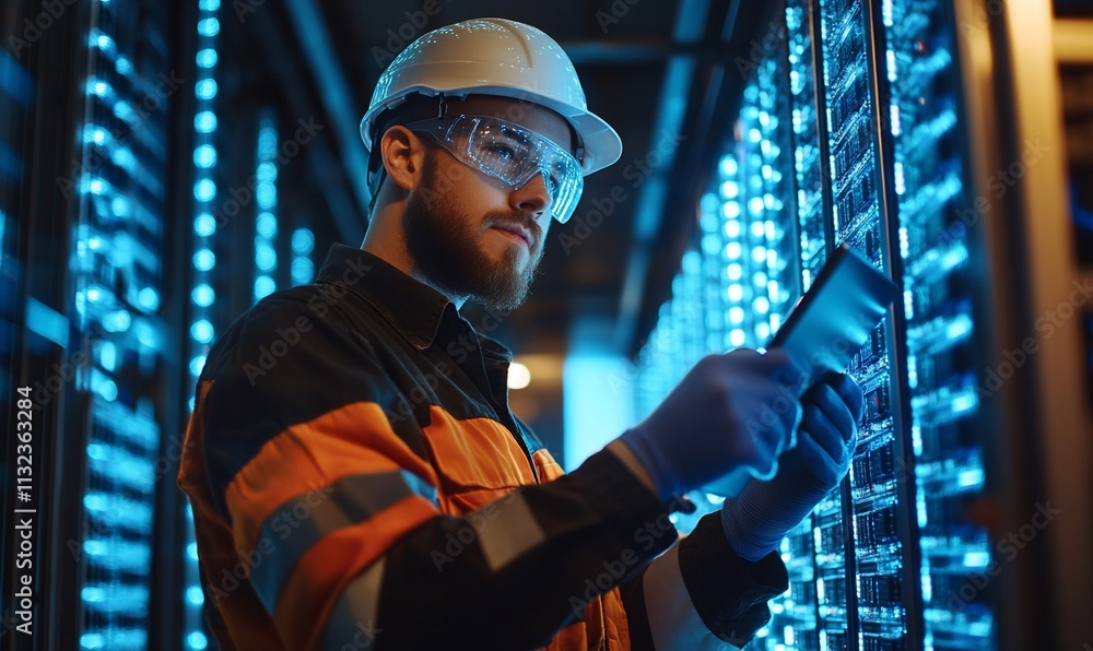 Aufkleber technician monitoring servers in a data center with blue lighting.