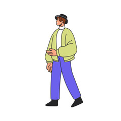 Obraz premium Man walking, smiling. Happy young male character going in modern outfit, wearing hat. Person, pedestrian strolling outdoors on street. Flat vector illustration isolated on white background