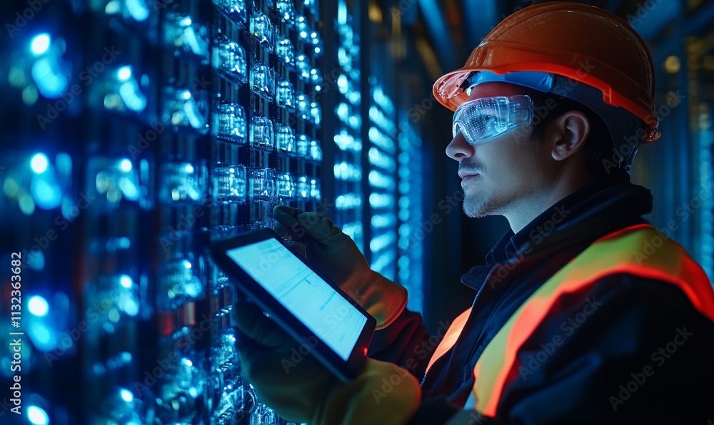 Poster technician monitoring data servers in a high-tech facility.