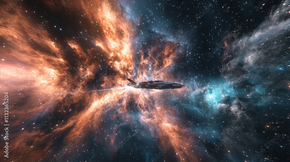 Poster spaceship journey through a vibrant nebula in deep space stunning visuals of cosmic wonders at a cel