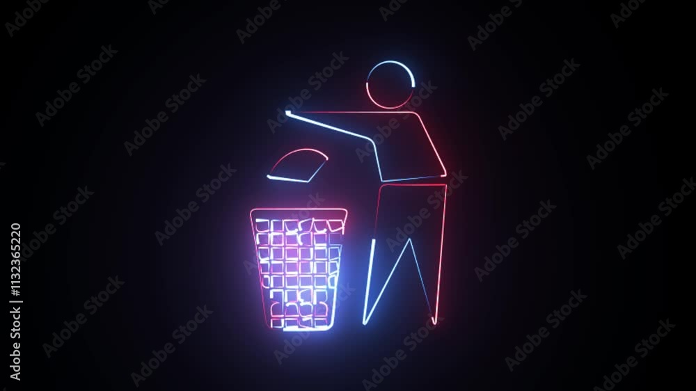 Poster neon of waste bins full of different types of garbage and separate waste collection concepts animati