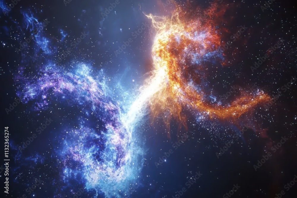 Poster galactic collision simulation two galaxies merging in a stunning animated visual representation of s