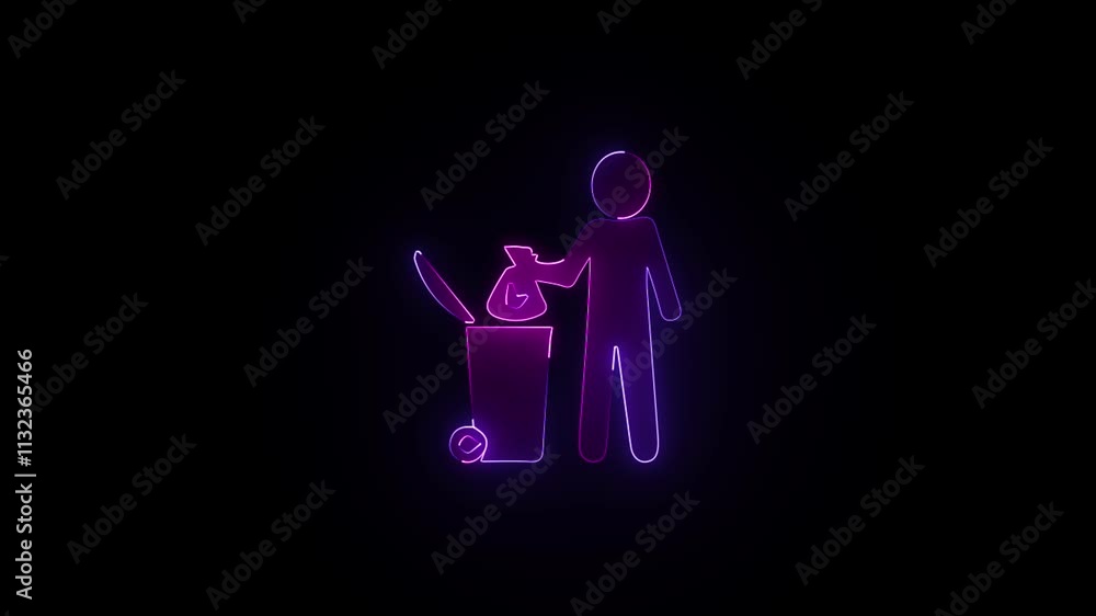 Poster a glowing neon man with dustbin icon animation near trash can for concept with a black background.