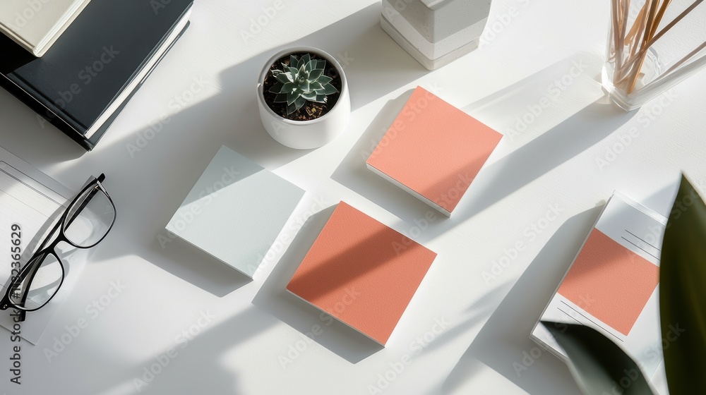 Poster modern typography stickers stack on white desk for minimalistic design projects