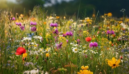 A small wildflower meadow showcasing a variety of colorful blooms, celebrating the beauty and diversity of nature.