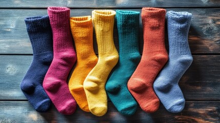 Colorful Socks Arranged in a Row on Rustic Wooden Surface