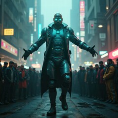 Fototapeta premium A mysterious figure with glowing eyes and a sleek black outfit stands confidently in a crowded neon-lit street. People gaze in awe, captivated by the striking presence at dusk. AI