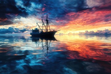 Obraz premium Fishing boat returning to shore at sunset vibrant colors reflected on calm waters serene landscape viewpoint tranquil coastal scene