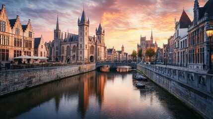 Fototapeta premium European City Canal Sunset View