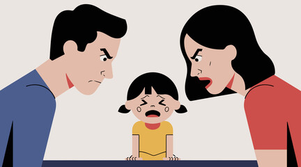 Obraz premium The child's parents are arguing in front of him, swearing and pulling him to their own side. The concept of raising children, a modern illustration