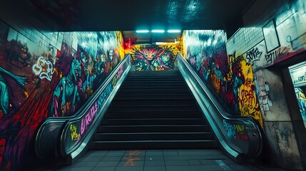 Naklejka premium Vibrant Graffiti Stairwell: Urban Art in a Subway Station