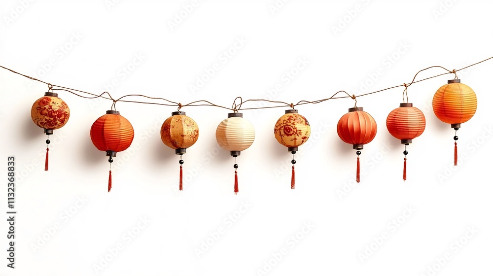Poster delicate and colorful chinese lanterns hanging gracefully from a string isolated on a white backgrou