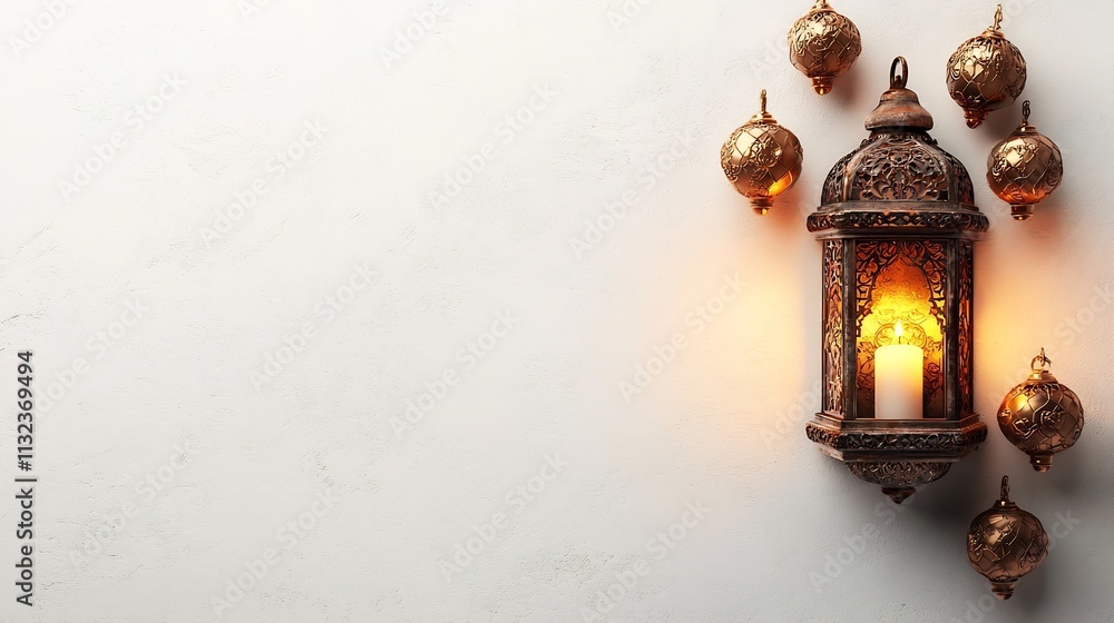 Poster soft glowing ornate hanging lanterns floating in tranquil isolated white background with ample copy 