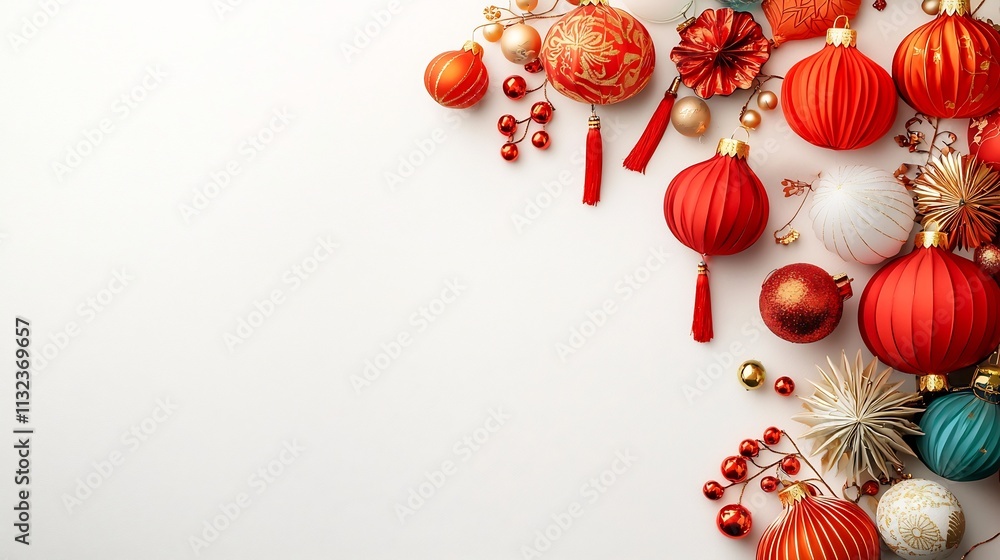 Poster intricate chinese lanterns with golden tassels arranged in festive display isolated on white backgro