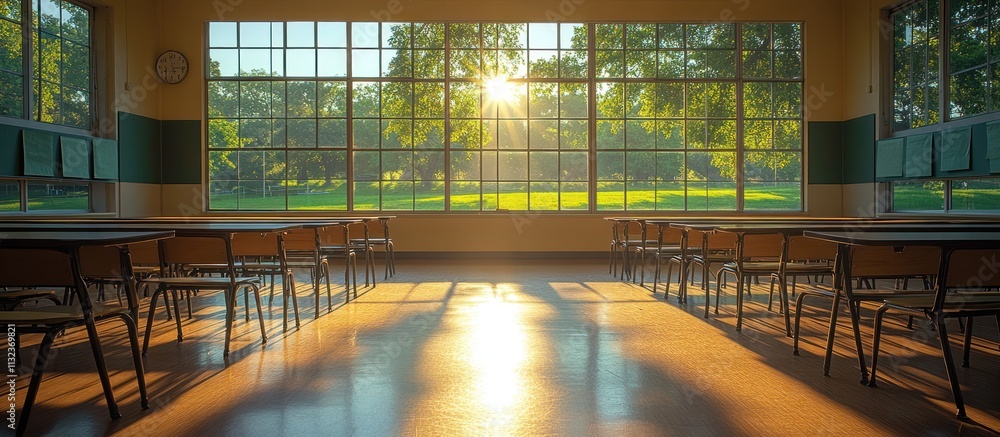 Poster sunlit classroom with empty desks and large windows overlooking a green lawn.