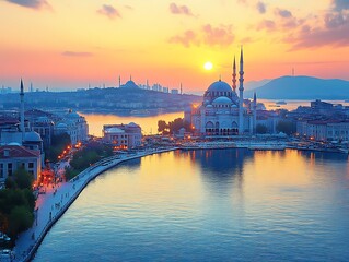 Obraz premium Sunset cityscape view of a mosque by the water