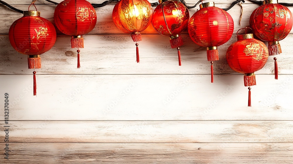 Poster glowing red and gold lanterns hanging from wooden beams displayed on an isolated white background wi