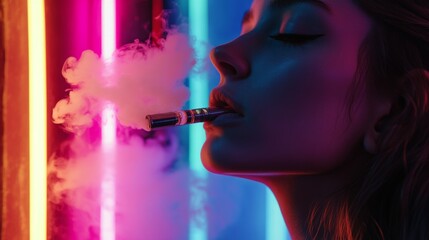 Fototapeta premium A young woman exhales vapor in a vibrant neon-lit atmosphere. The colorful lights create a surreal backdrop. This captivating scene showcases modern vaping culture. Generative AI