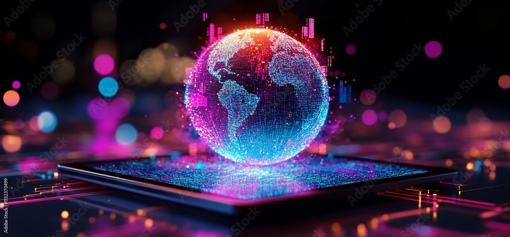 Poster A digital globe surrounded by vibrant data visualizations and technology elements.