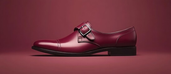 Classic monk strap shoe in dark burgundy leather, focusing on the buckle and detailed stitching, elegant background
