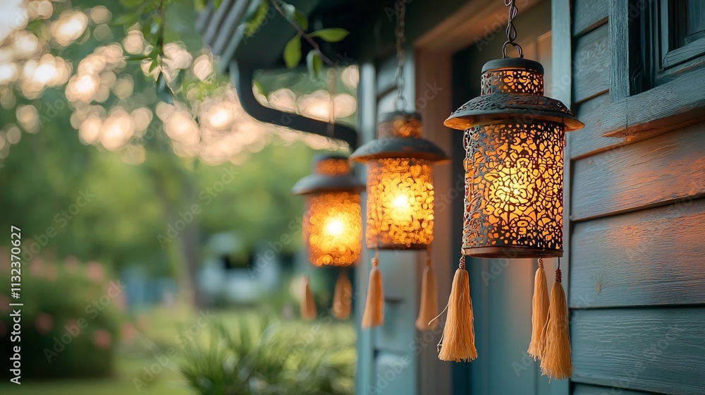 Poster glowing chinese lanterns with intricate tassels suspended from the eaves of a house creating a festi
