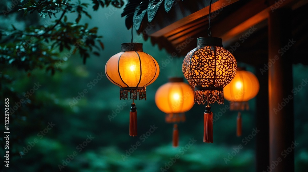 Poster glowing chinese lanterns with intricate tassels suspended from the eaves of a house creating a festi