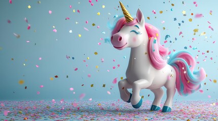 Playful Unicorn Toy with Colorful Confetti Against a Light Blue Background, Perfect for Fun and Whimsical Themes