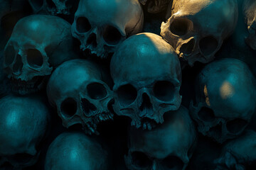 Pile of human skulls and bones in darkness. Human remains after death