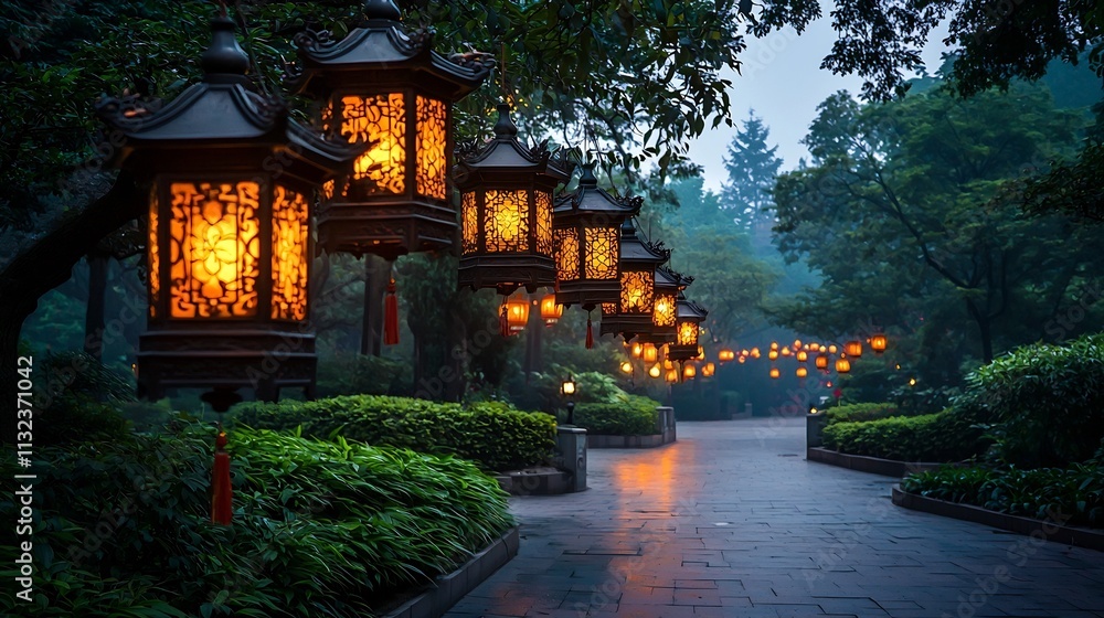 Poster ornate chinese new year lanterns hanging in a symmetrical pattern glowing warmly and creating a fest