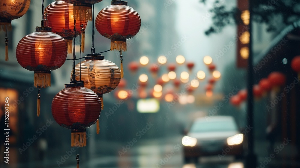 Poster a vibrant and festive scene of colorful chinese lanterns hanging in a layered formation above a cele