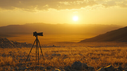 Naklejka premium Sunset photography setup in a tranquil desert landscape with golden hues illuminating the horizon during twilight hours. Generative AI