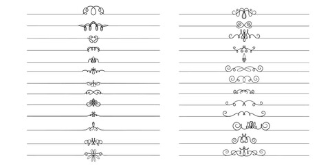 Elegant Dividers set. Separators with Thin lines and swirls. Border underline on text page, diploma, book, invitation, wedding card, certificates, menu. Design elements for decoration