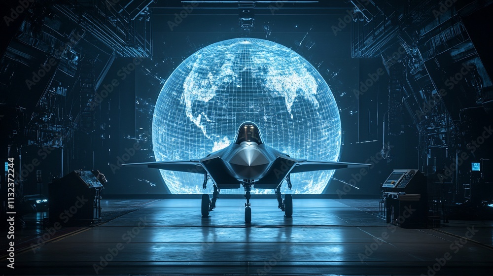 Poster a futuristic aircraft in a high-tech hangar with a digital globe backdrop.