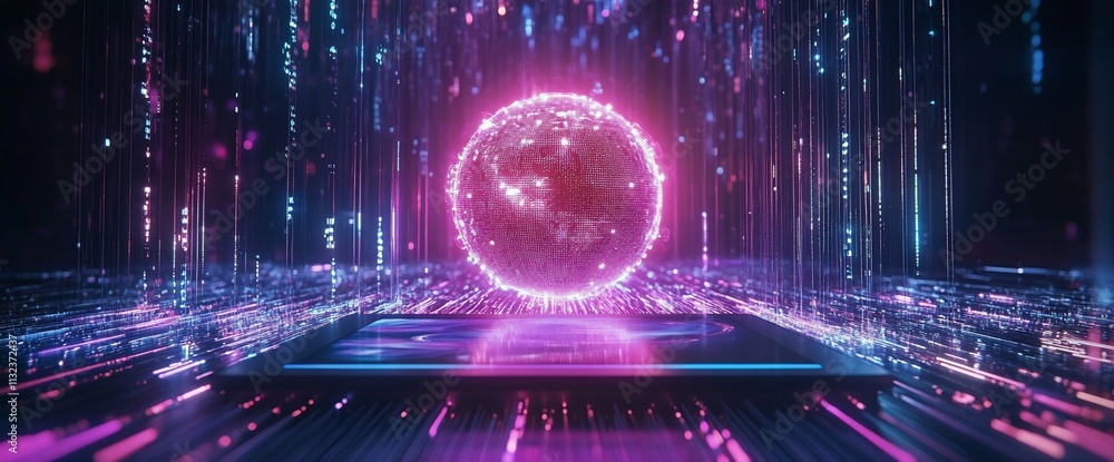 Poster a futuristic digital sphere surrounded by vibrant data streams.