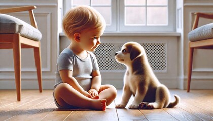 A small child sits on the floor, a puppy sits opposite, they look at each other devotedly. 3D rendering. High detail