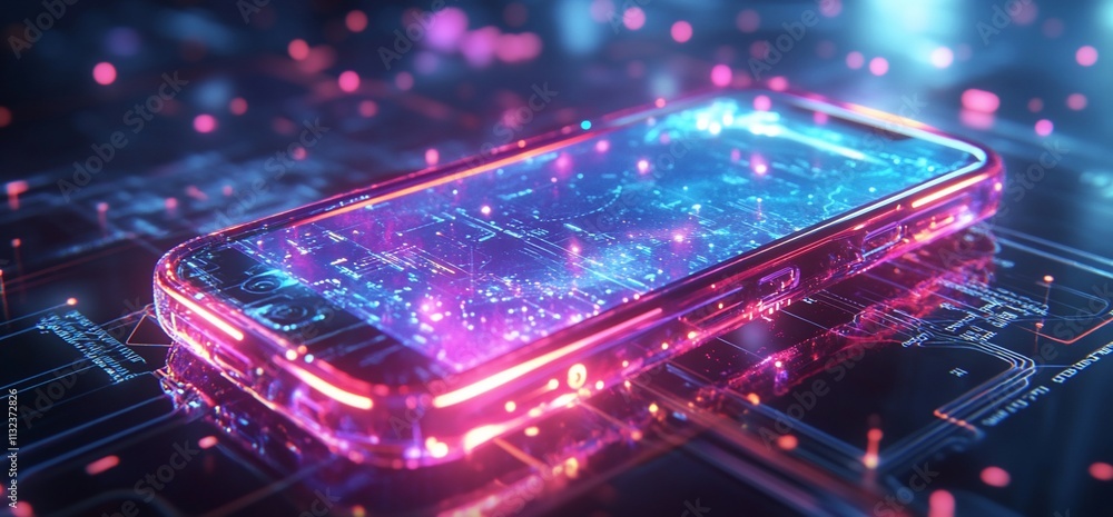 Poster a futuristic smartphone surrounded by glowing digital circuits.