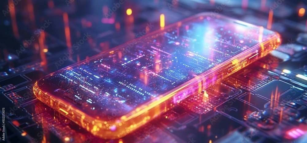 Poster A futuristic smartphone embedded in a digital circuit environment.