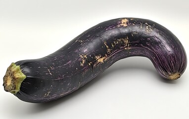 Single, large, dark purple eggplant with light speckles, curved shape, isolated on white background.