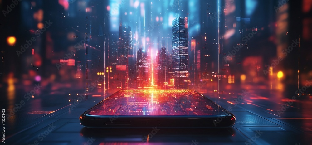 Poster a futuristic smartphone with a digital cityscape reflecting on its screen.