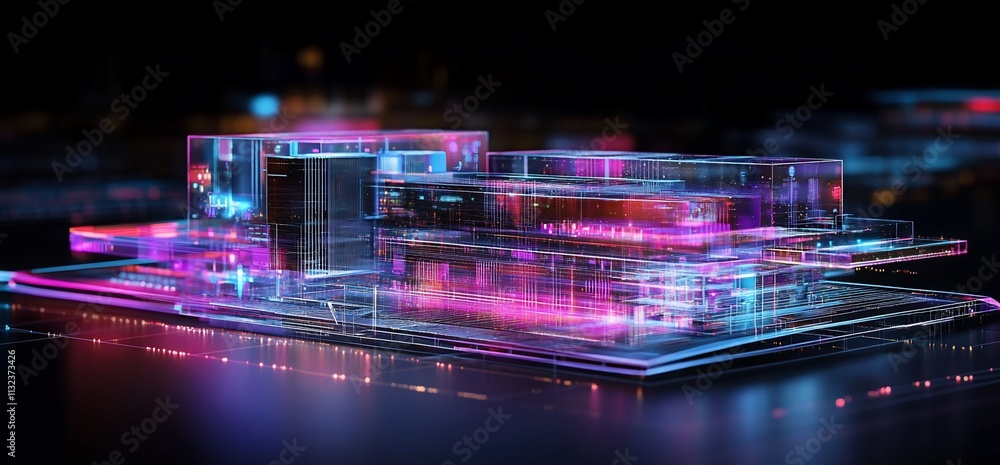 Poster a futuristic, illuminated architectural model showcasing advanced design.