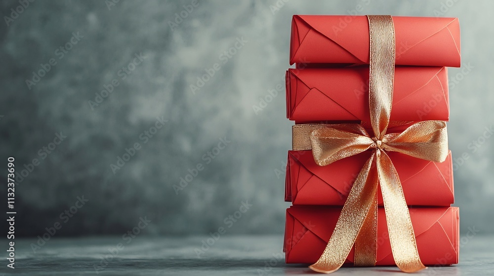 Poster elegant stack of vibrant red chinese ang pao envelopes tied with a shimmering golden ribbon displaye