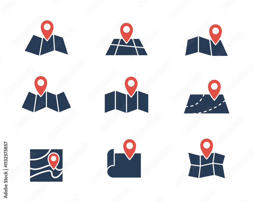 Poster map pin icon set, geolocation map mark