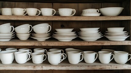 Rustic Display of White Dinnerware on Wooden Shelves in Kitchen