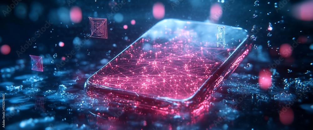 Poster a glowing smartphone submerged in water with a digital network design.