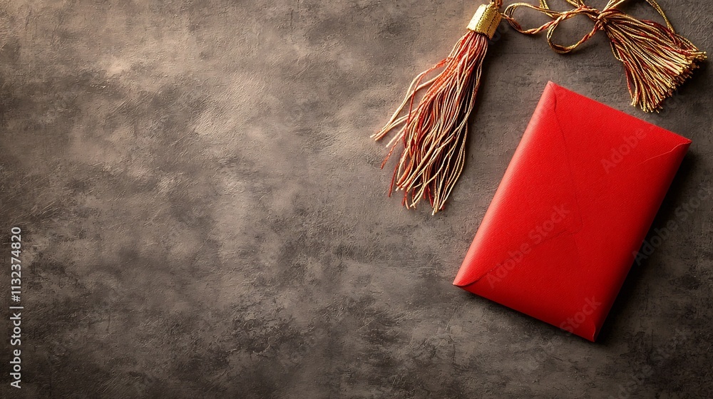 Poster minimalist red ang pao envelope lying flat on a gray toned background accented by a small golden tas