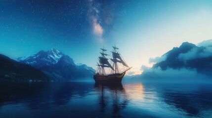 Fototapeta premium Adventurous voyage of an old ship starry sky digital art celestial navigation atmospheric view ancient exploration