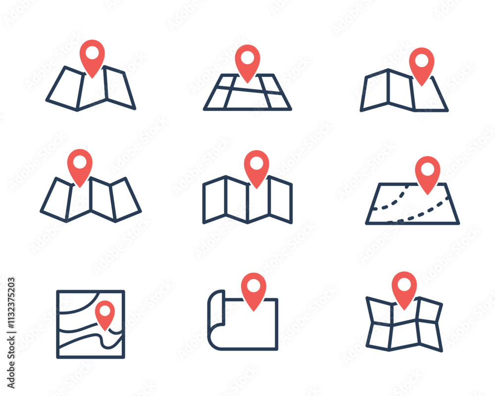 Poster map pin icon set, geolocation map mark