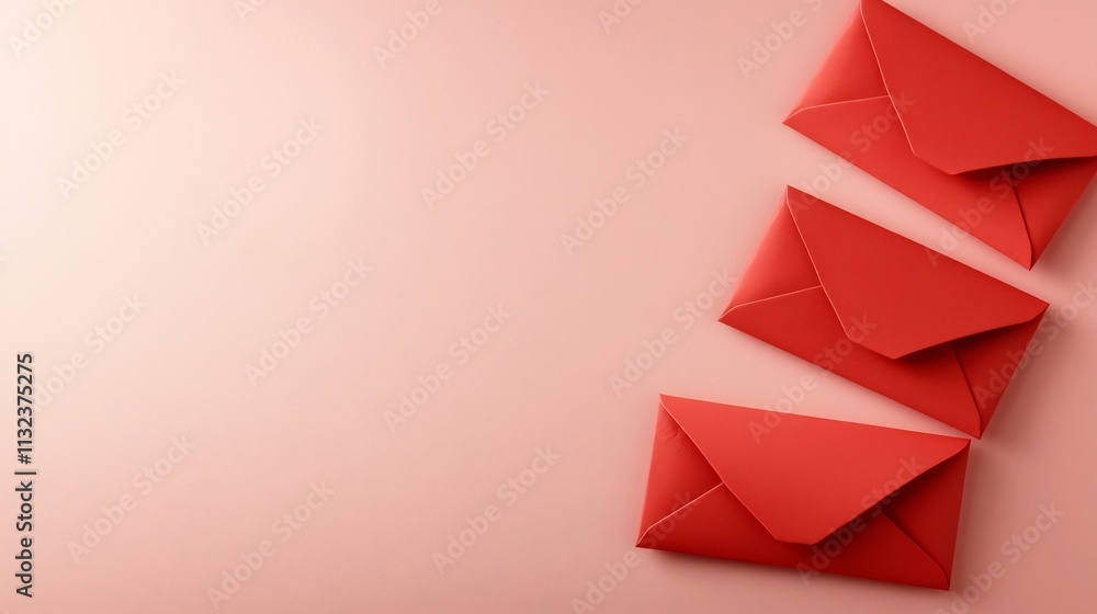 Poster elegant minimalist composition of three red envelopes arranged symmetrically on a smooth pastel pink