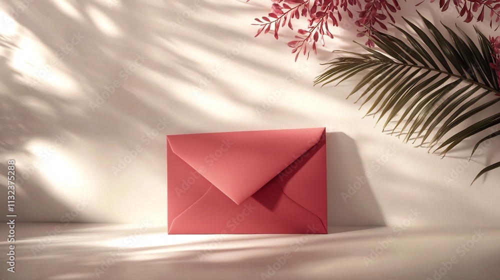 Poster Elegant Red Envelope Leaning Against Softly Lit White Backdrop with Subtle Shadows Adding Depth to the Minimalist Composition Leaving Plenty of Copy Space