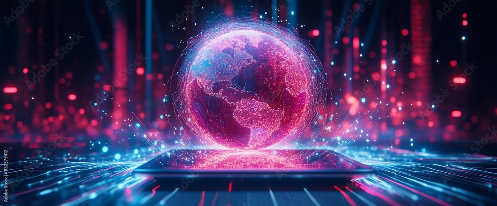 Poster a holographic globe emerging from a device, showcasing digital connectivity.